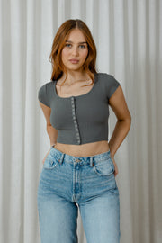 Cropped Press Stud Tee | Sedona Sage