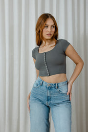 Cropped Press Stud Tee | Sedona Sage