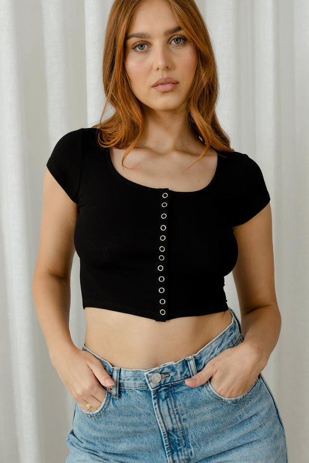 Cropped Press Stud Tee | Black