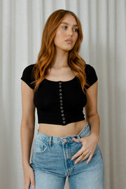 Cropped Press Stud Tee | Black