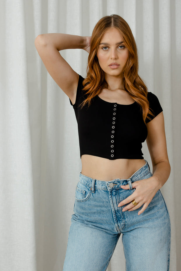 Cropped Press Stud Tee | Black