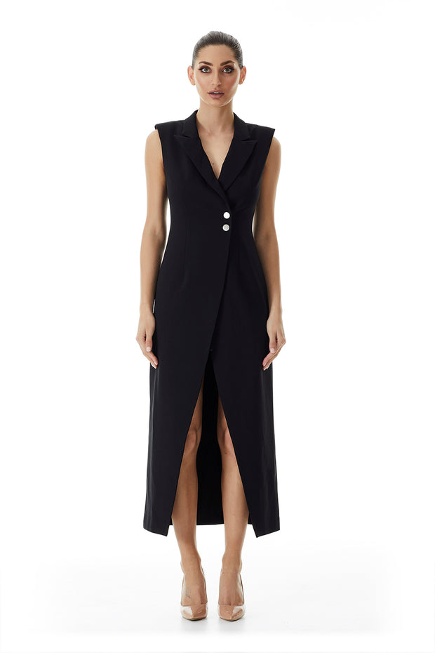 Valentina Lapel Coat Dress | Black