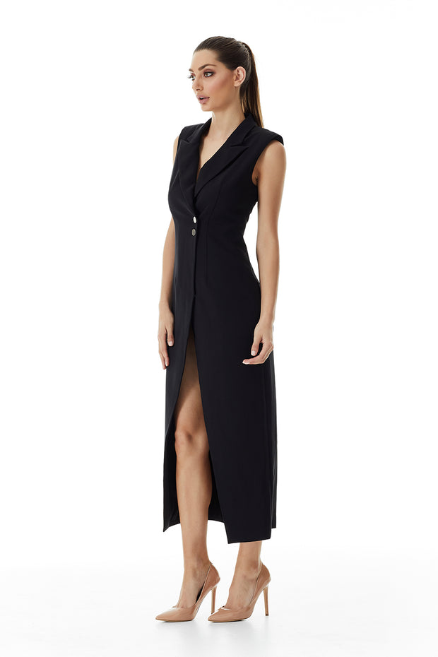 Valentina Lapel Coat Dress | Black